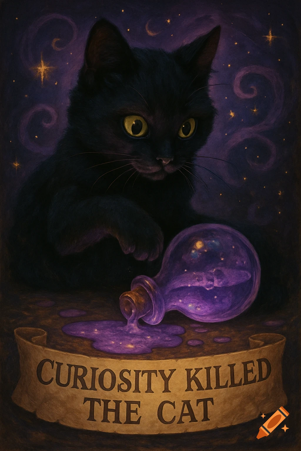 A whimsical illustration of a black cat with glowing yellow eyes next to a spilled purple potion, with 'CURIOSITY KILLED THE CAT' on a banner.