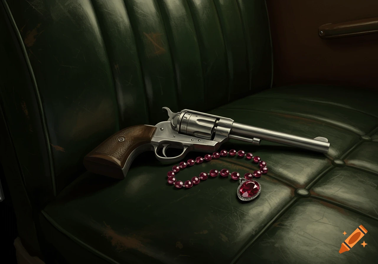 A silver revolver and a ruby necklace rest on a green leather vintage car seat.