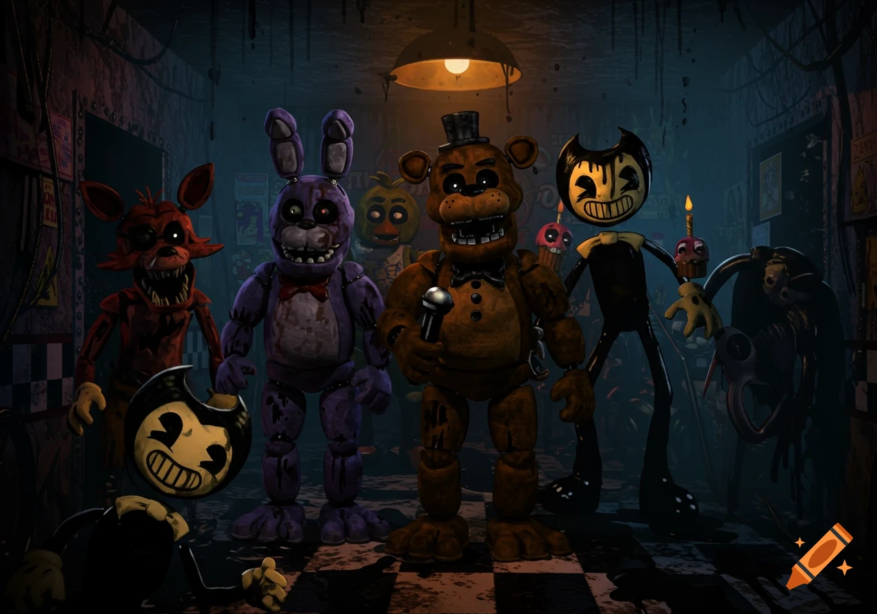 Animatronic and cartoon horror characters, including Freddy Fazbear and Bendy, standing in a dark, ominous room.