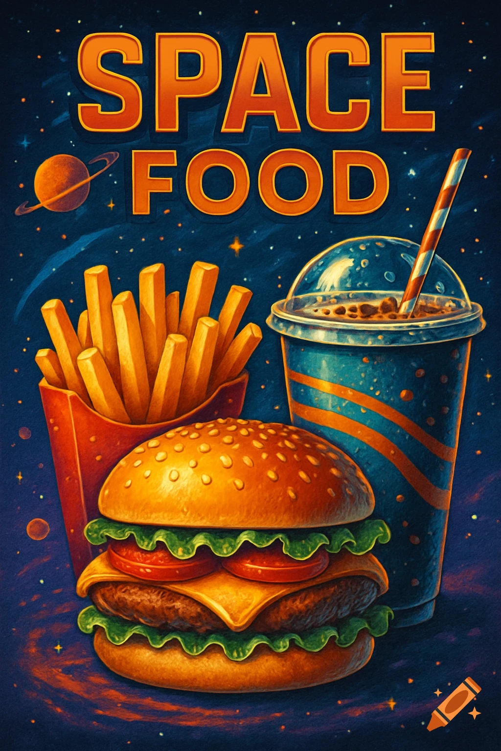 A colorful, stylized illustration of a hamburger, fries, and soda with a space theme and the text "SPACE FOOD" against a starry background.