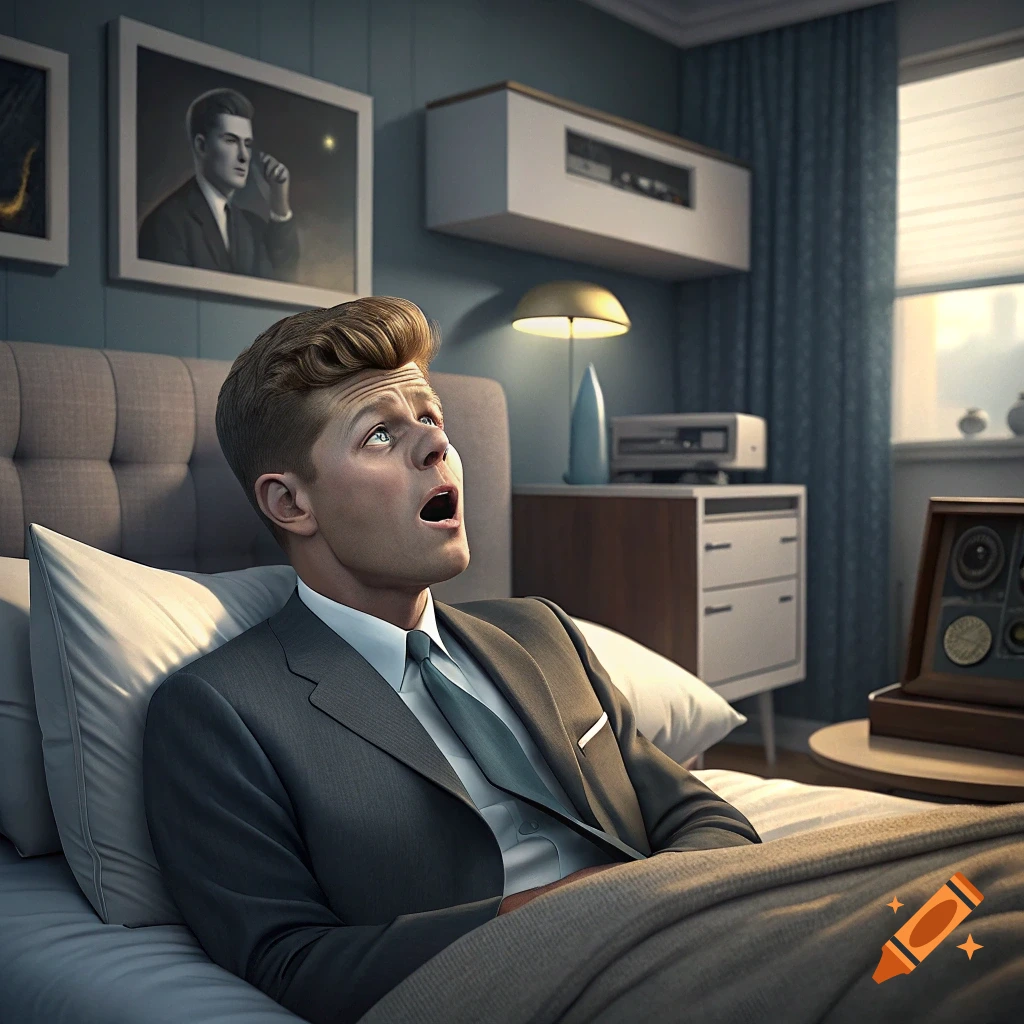 A man resembling JFK with a surprised expression wakes up in a modern bedroom, dressed in a suit.