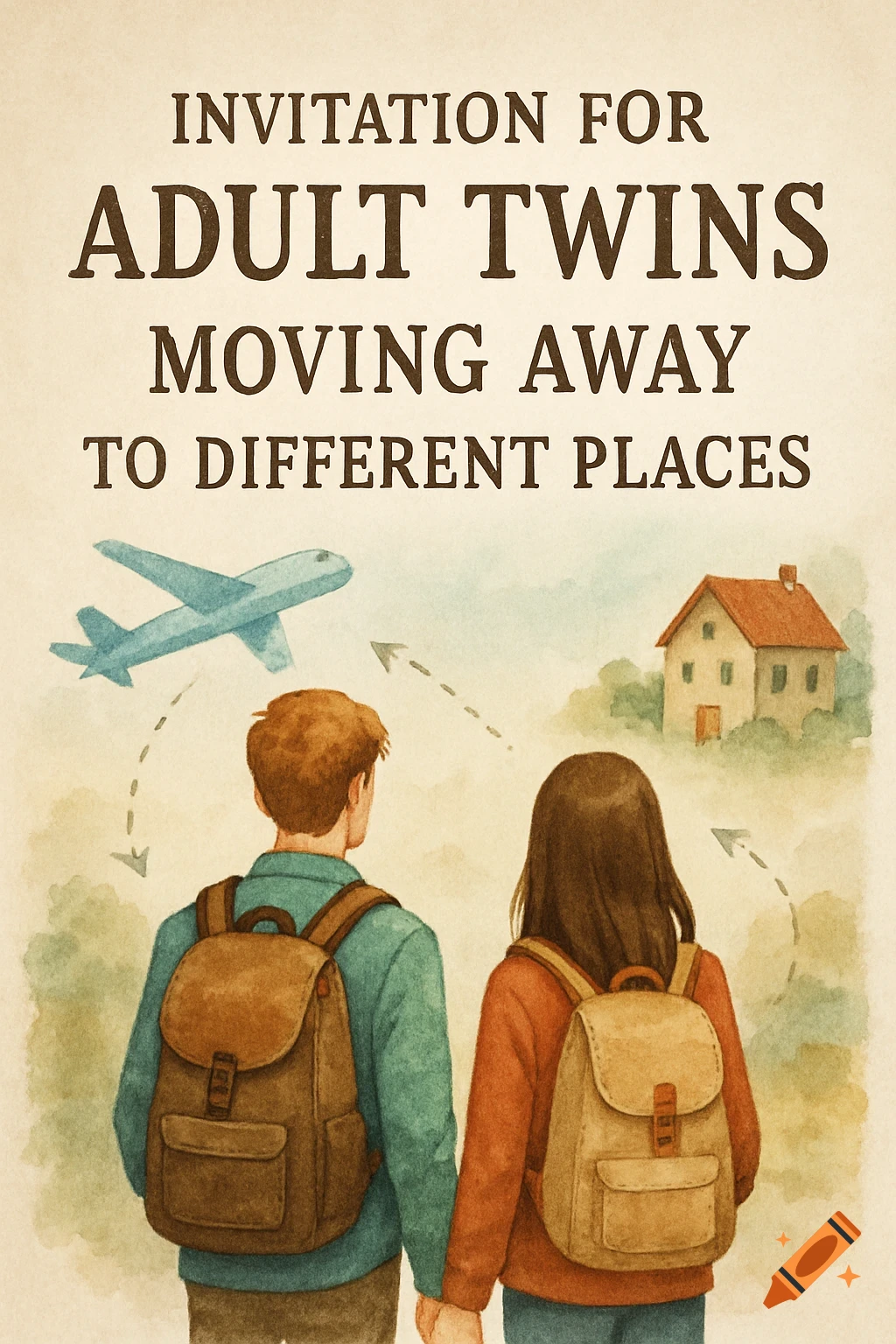 Watercolor illustration of two people with backpacks looking at a house and an airplane with text 'INVITATION FOR ADULT TWINS MOVING AWAY TO DIFFERENT PLACES'.