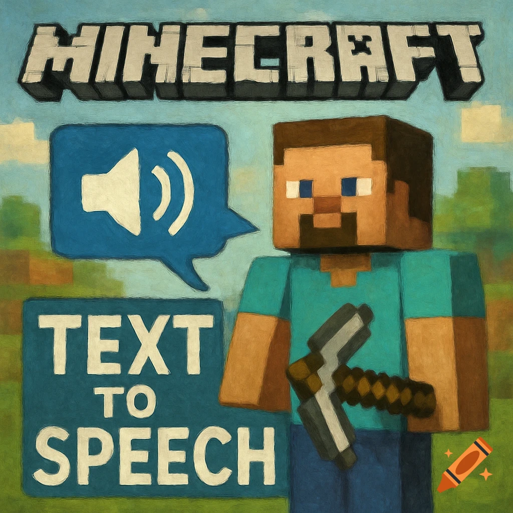 A painterly, blocky image of Minecraft's Steve holding a pickaxe, with a speech bubble and a 'TEXT TO SPEECH' sign below the 'MINECRAFT' logo.