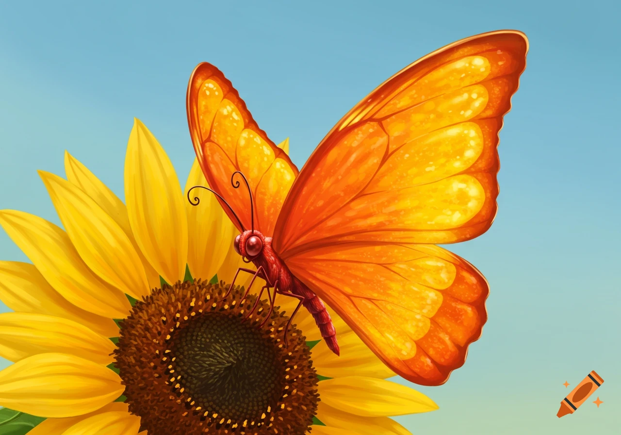 A vibrant orange and yellow butterfly with patterned wings rests on a sunflower, under a bright blue sky.