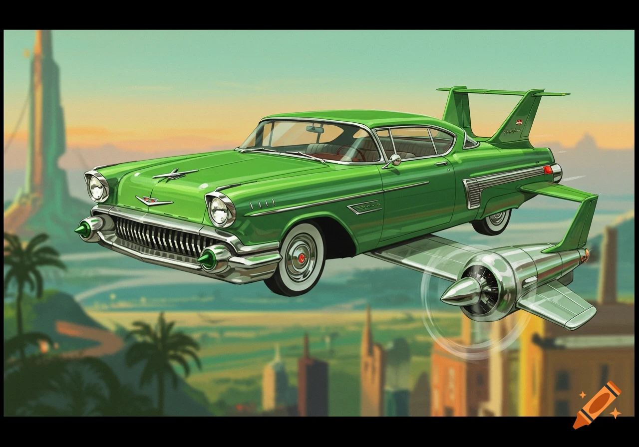 A bright green 1950s-style flying car with propeller wings soars over a retro-futuristic city at sunset.