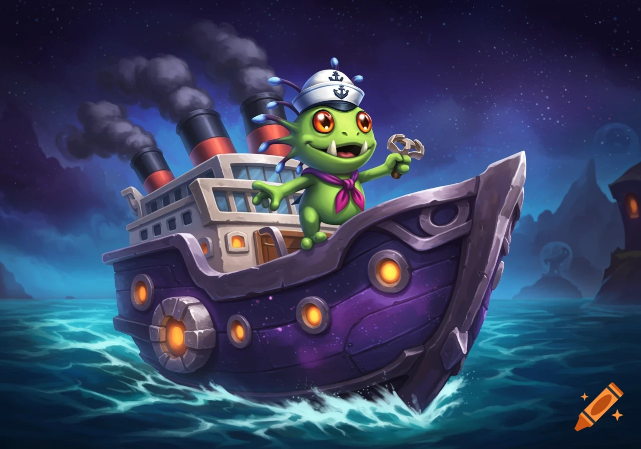 A cute, green Murloc in a sailor hat stands on a purple cruise ship at night, holding a small anchor, in a digital painting.