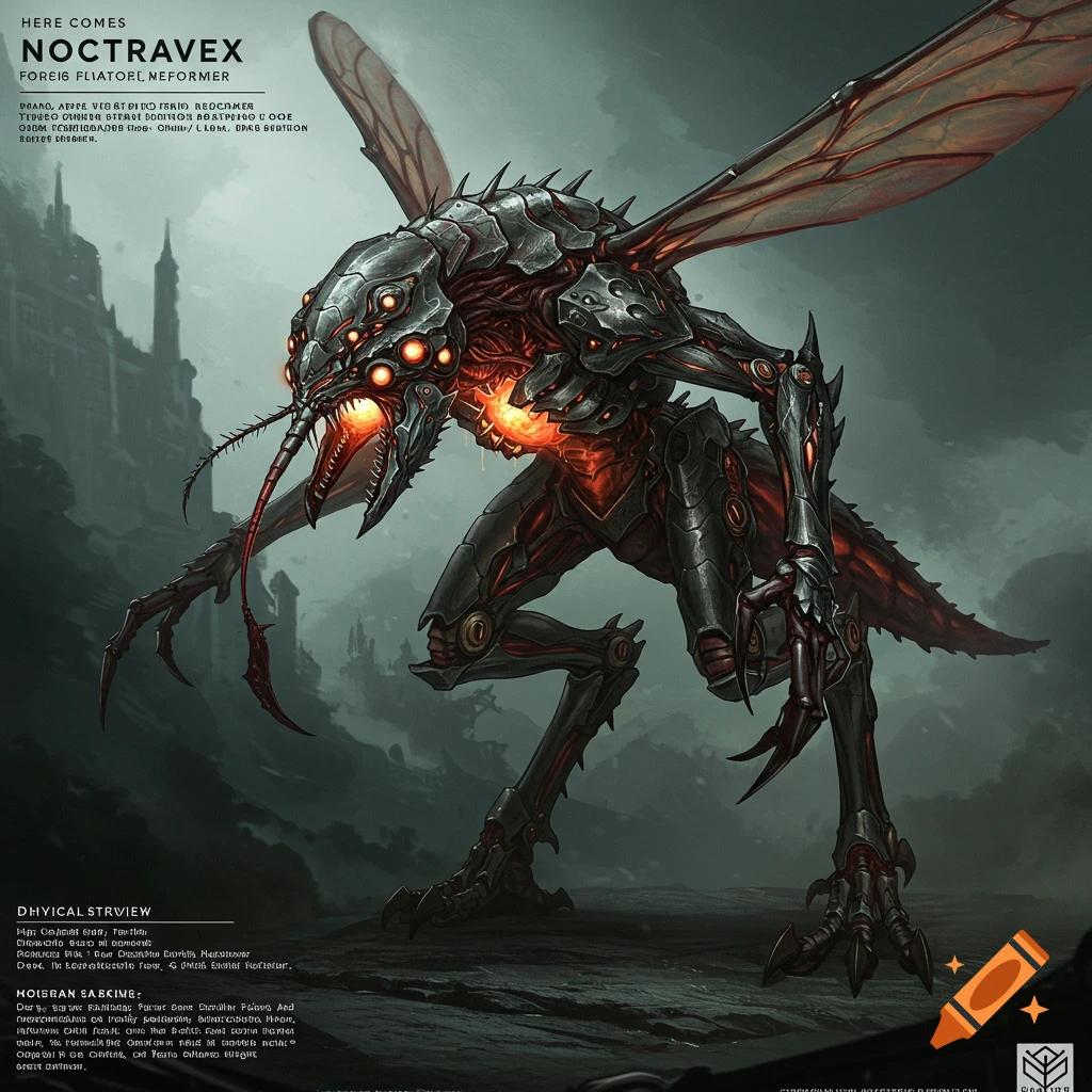 A detailed illustration of Noctravex, a fearsome biomechanical mosquito-like creature with glowing orange eyes and core, against a dark, stormy background with gothic architecture.