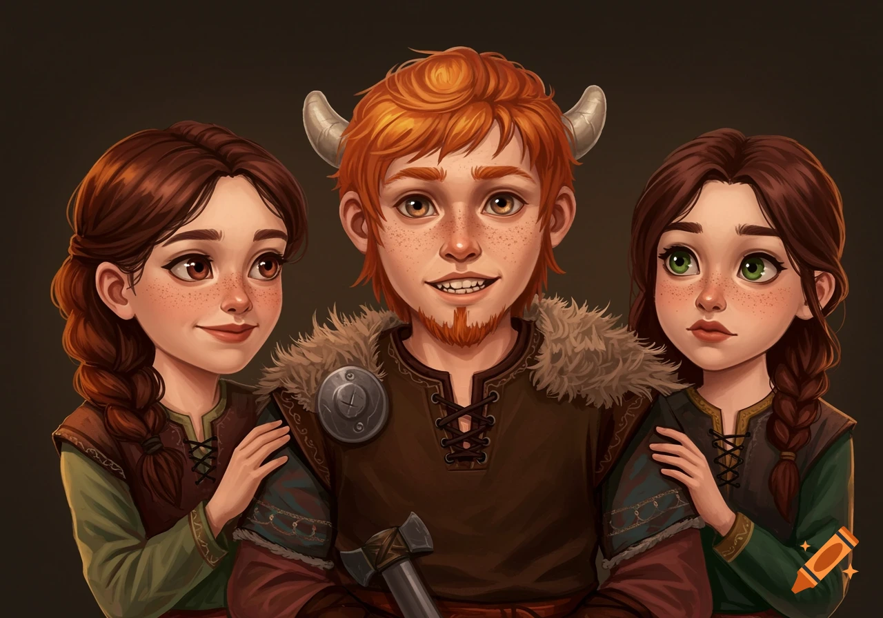 Cartoon illustration of a red-haired Viking boy with small horns, smiling between his two brown-haired sisters in fantasy attire.