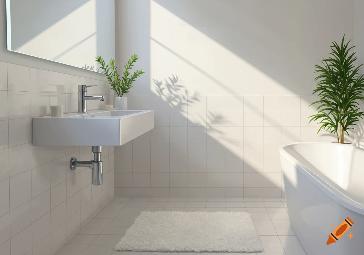 A modern, bright bathroom with white tiles, a floating sink, mirror, bathtub, and green plants illuminated by sunlight.