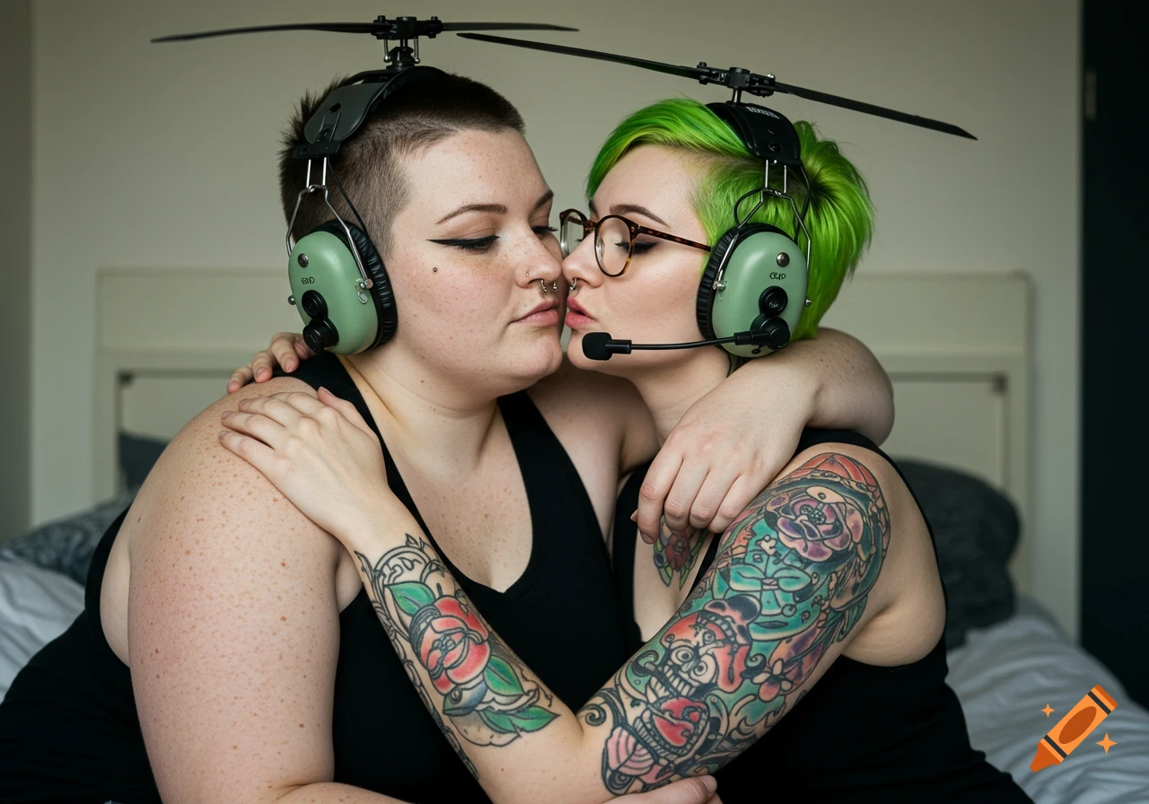 Two tattooed women in tank tops and novelty helicopter headsets embrace and lean in for a kiss on a bed. One has a buzzcut, the other a lime green pixie cut.