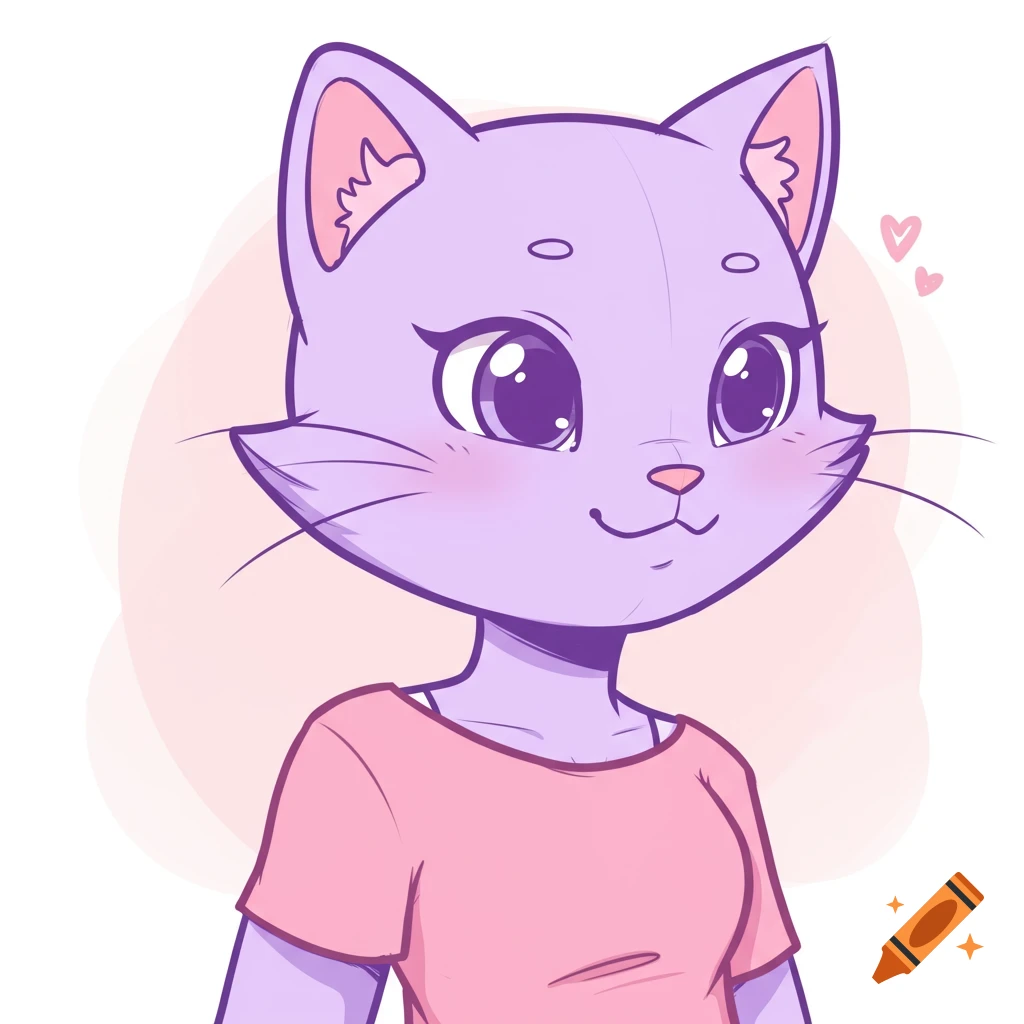 A friendly cartoon cat with lilac fur and big purple eyes smiles while wearing a pink t-shirt.