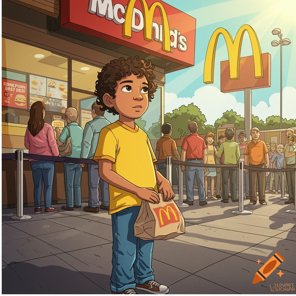 A cartoon boy with curly hair in a yellow shirt and blue jeans holds a McDonald's bag, standing in front of a busy McDonald's restaurant with people in line.