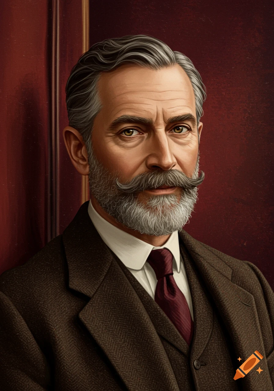 A detailed portrait painting of a distinguished older man with a grey beard and large mustache, wearing a brown suit.