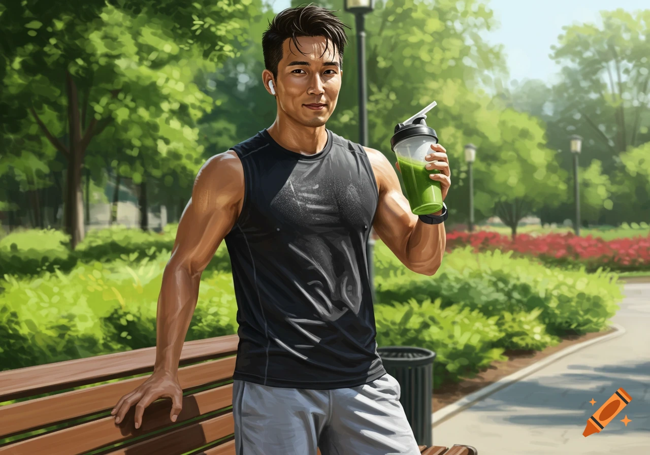 A fit man in a black tank top and gray shorts stands in a park, holding a green protein shake. He has earphones in and smiles.