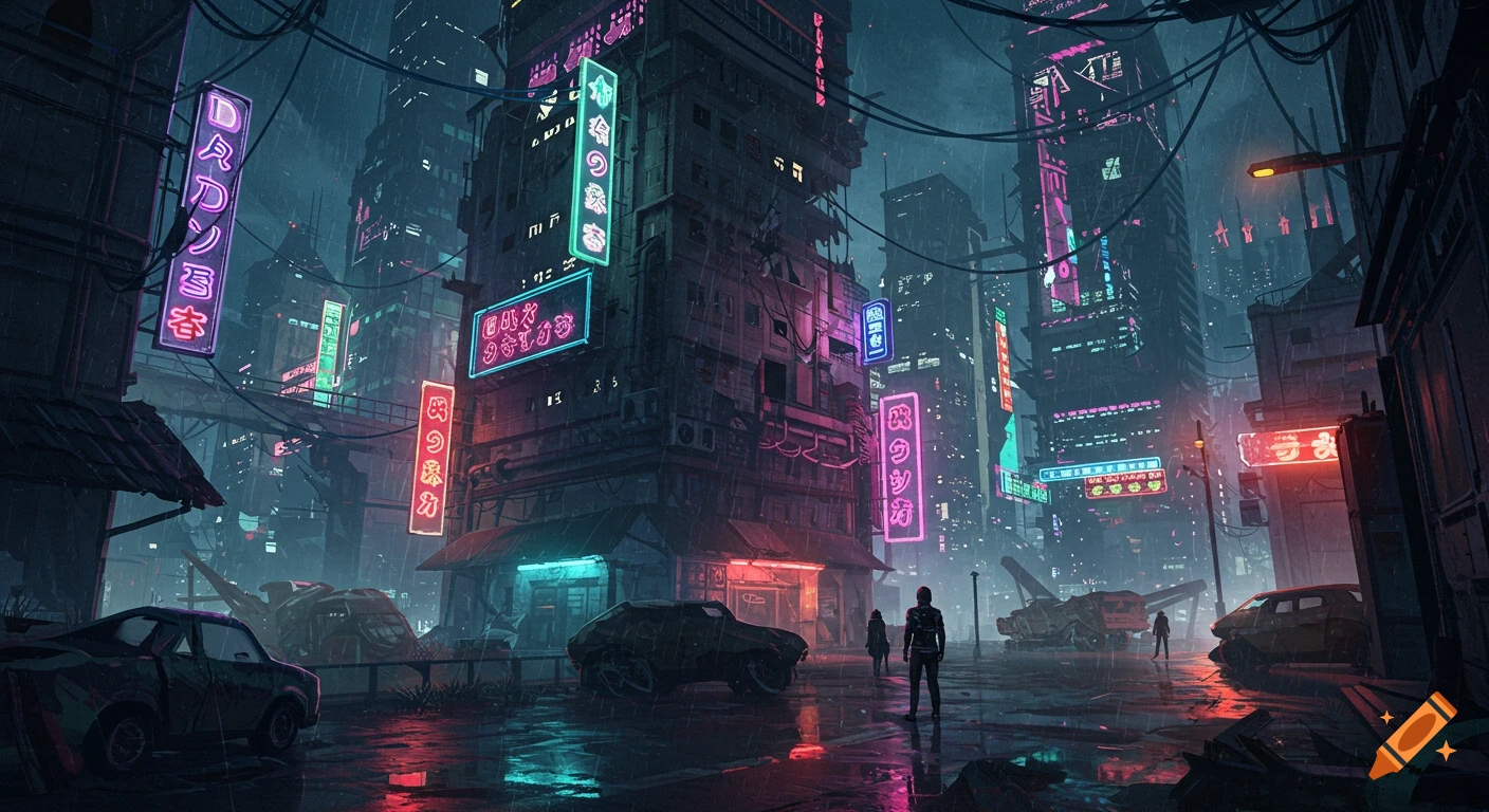 A dark, rainy cyberpunk city street with towering buildings illuminated by vibrant neon signs. Distant figures walk on wet asphalt reflecting the glowing lights, amidst abandoned or ruined vehicles.