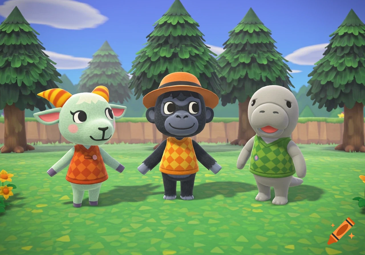 Three Animal Crossing villagers, a goat, a gorilla, and a dugong, stand smiling in a grassy field with trees under a blue sky.