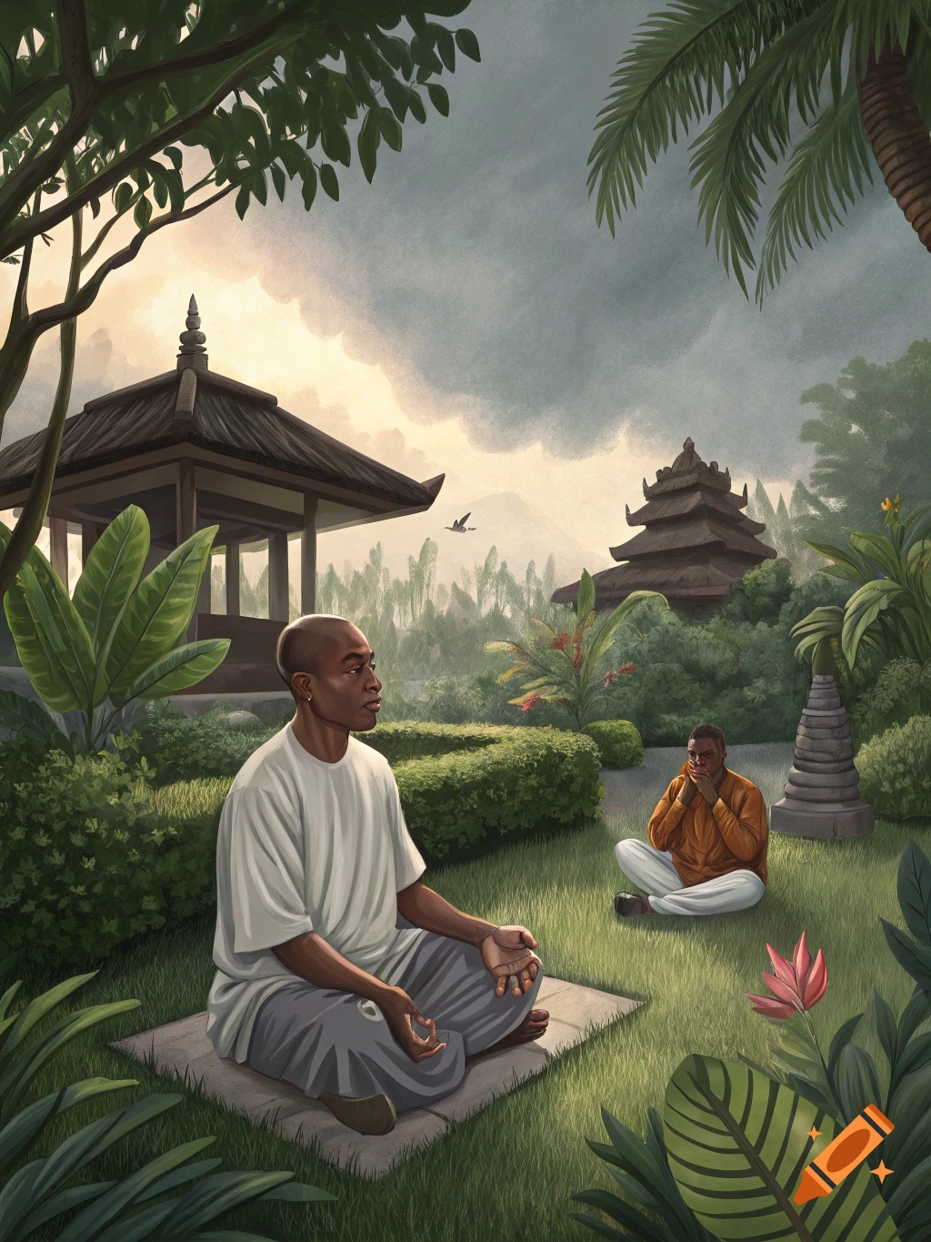 Two men meditate in a serene, lush garden with traditional Balinese temples in a painterly style.
