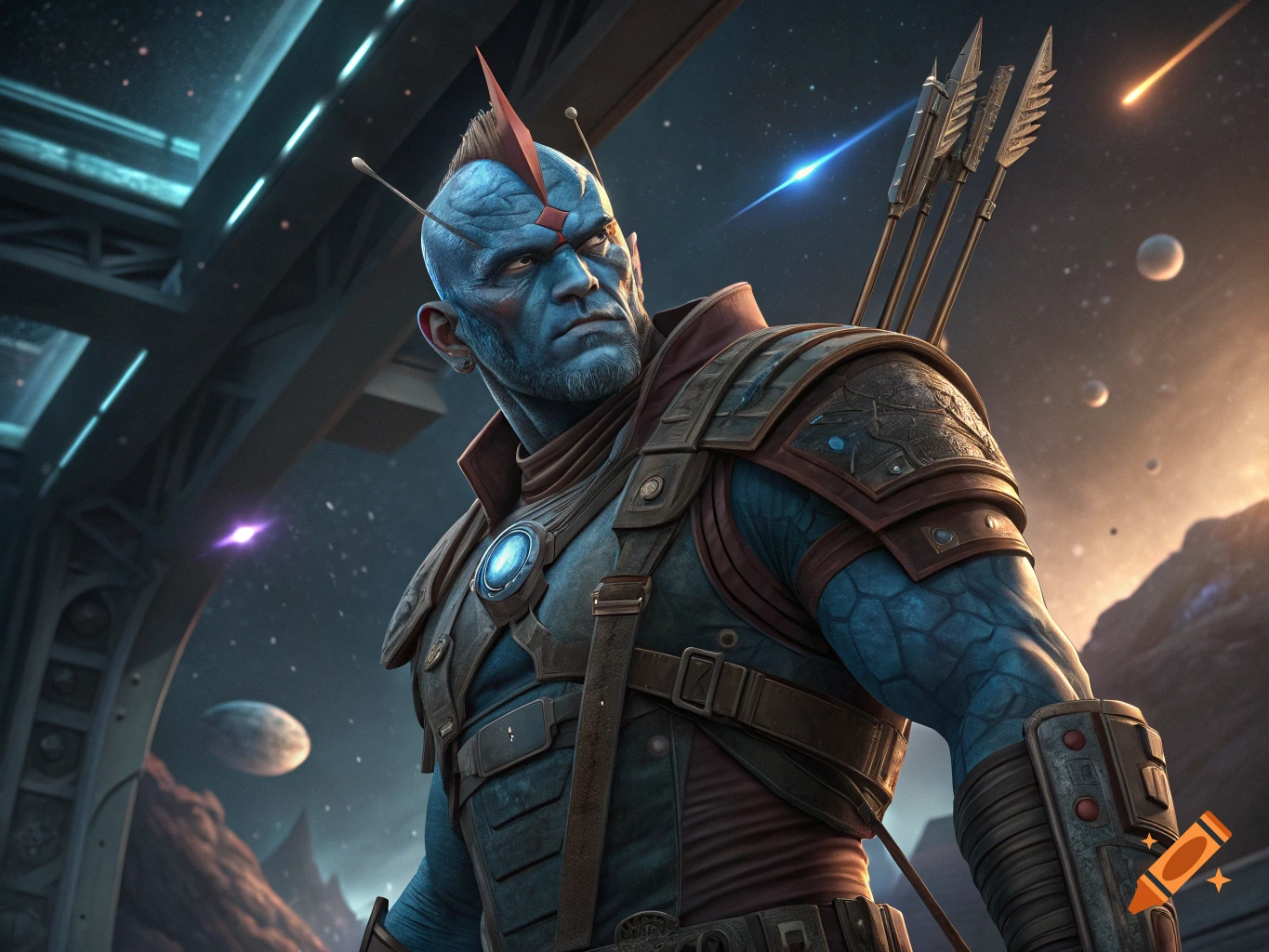 A blue-skinned male character with a red fin on his head, antennas, and a beard, wearing futuristic armor and holding arrows on his back, stands against a cosmic backdrop with planets and a bright sky.