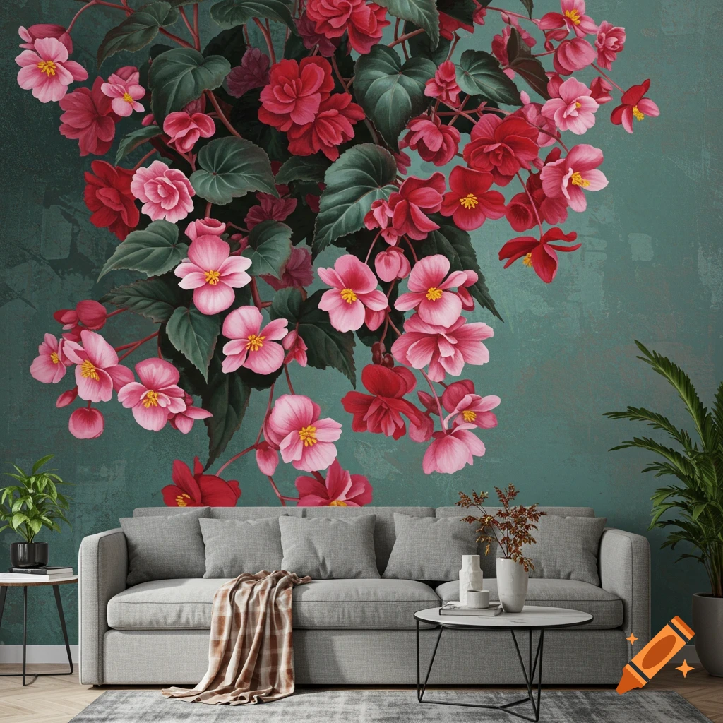 A modern living room with a grey sofa and a large mural of pink and red weeping begonia flowers on a teal wall.