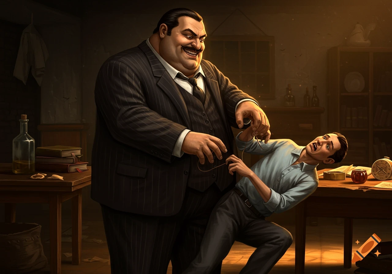 A large, smiling, overweight man in a pinstripe suit holds a string near a smaller, frightened man in a light blue shirt, in a dimly lit room. Digital art.