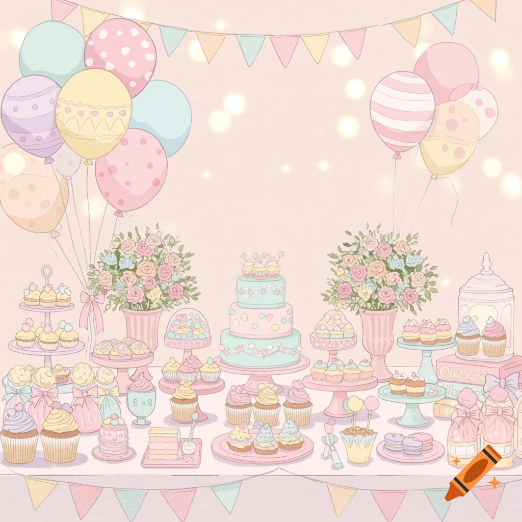 A pastel illustration of a baby shower party dessert table with cakes, cupcakes, balloons, and flowers.