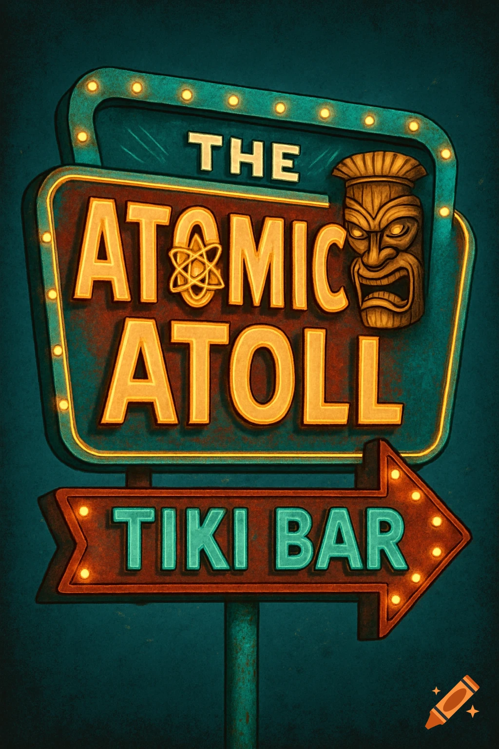 A vibrant retro-style sign for 'The Atomic Atoll Tiki Bar' with glowing lights, an atom symbol, and a tiki mask.