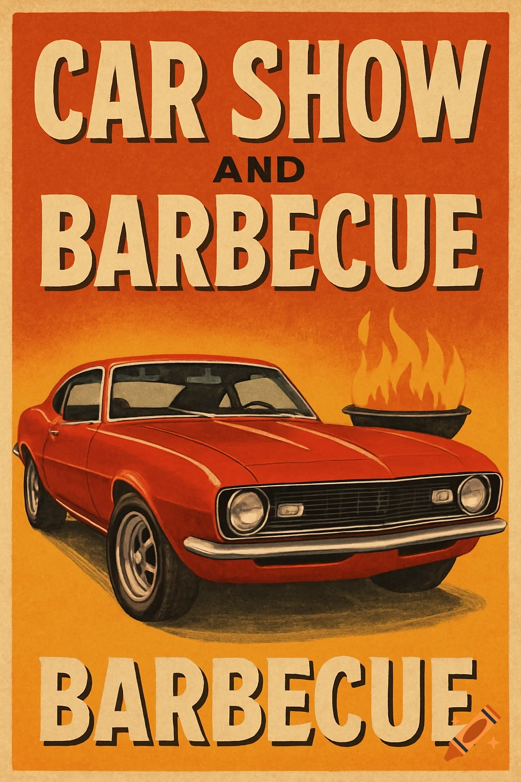Vintage poster for a car show and barbecue, with a red classic car and grill.
