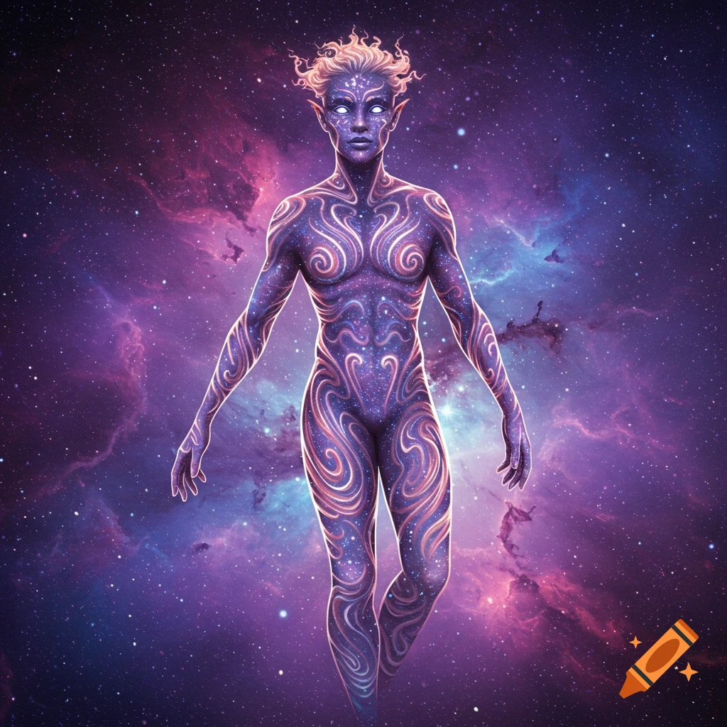 An ethereal cosmic humanoid figure with swirling star patterns on its body and glowing white eyes floats in a vibrant purple and blue nebula.