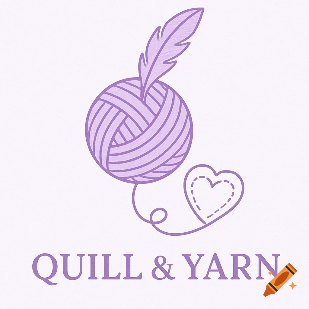 Minimalist logo in pastel purple featuring a yarn ball with a feather, connected by a yarn strand to a stitched heart, above the text "QUILL & YARN" on a light purple background.
