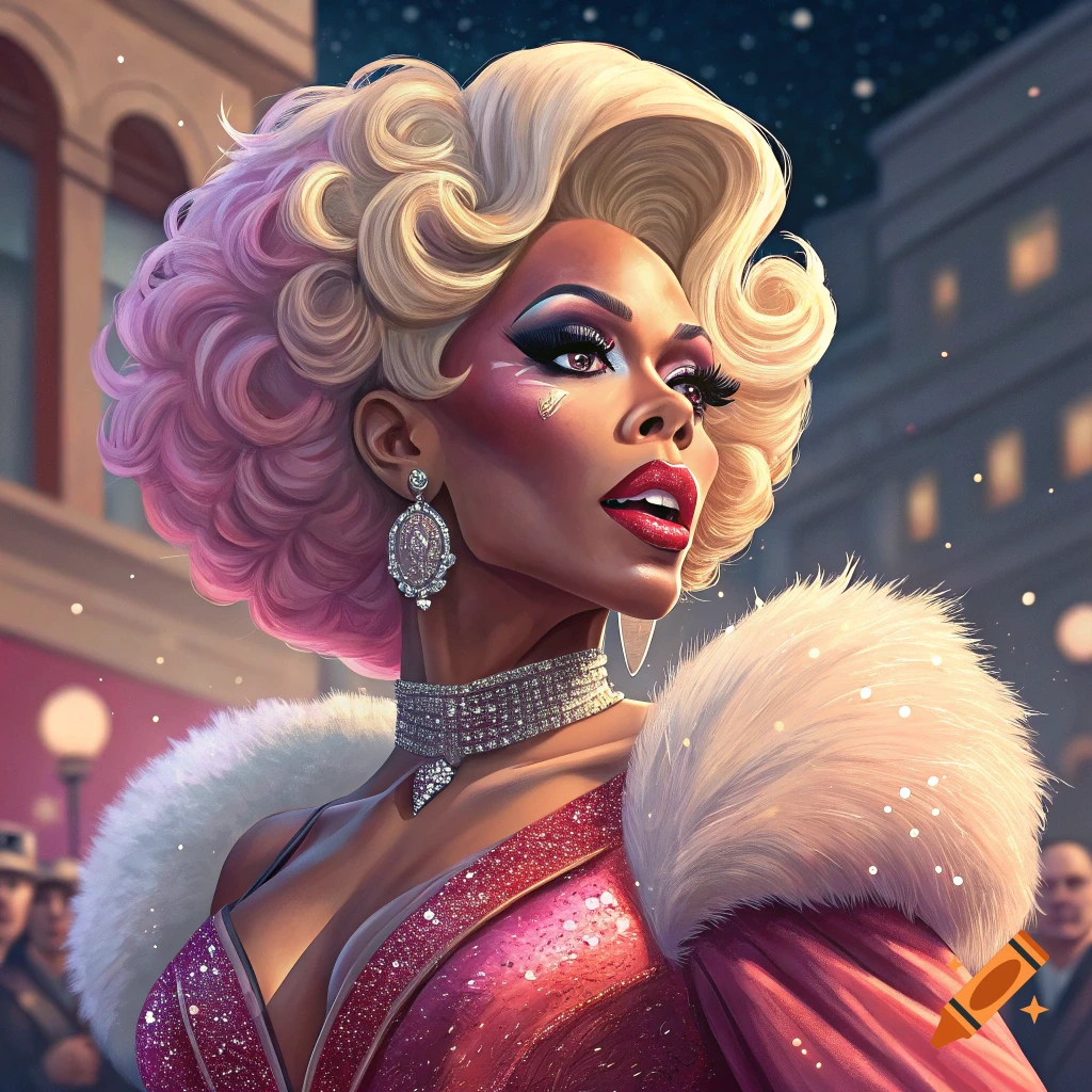 A glamorous drag queen with elaborate makeup, blonde and pink curly hair, diamond jewelry, and a sparkly pink dress with a fur stole poses on a city street at night.