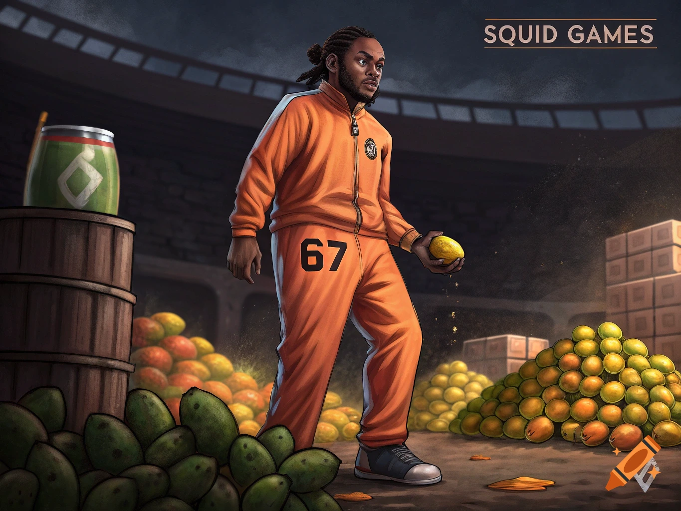 An illustrated man resembling Kendrick Lamar in an orange 'Squid Games' tracksuit with '67', holding a mango in an arena filled with fruit.