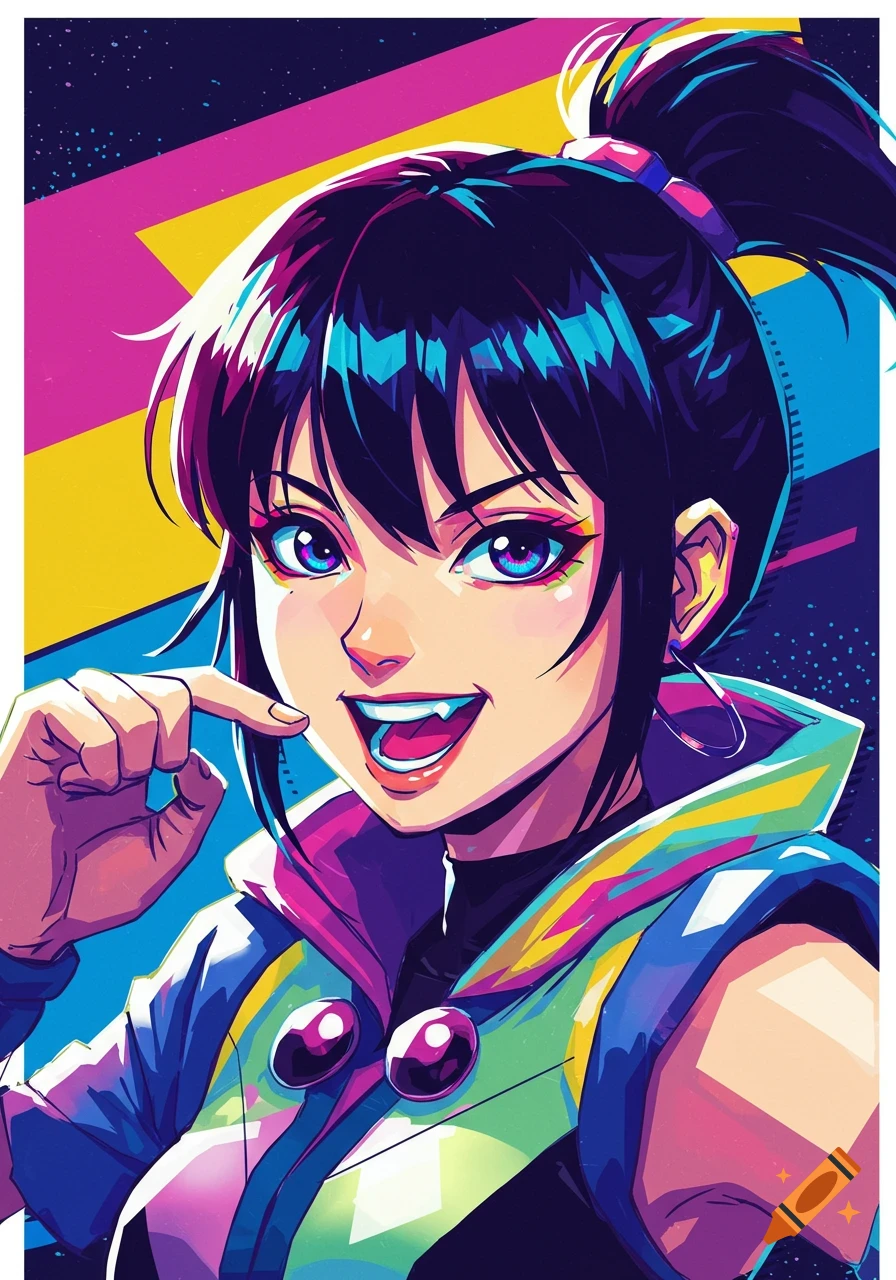A vibrant pop art style anime girl with dark hair tied in a ponytail, smiling widely and pointing to her mouth.