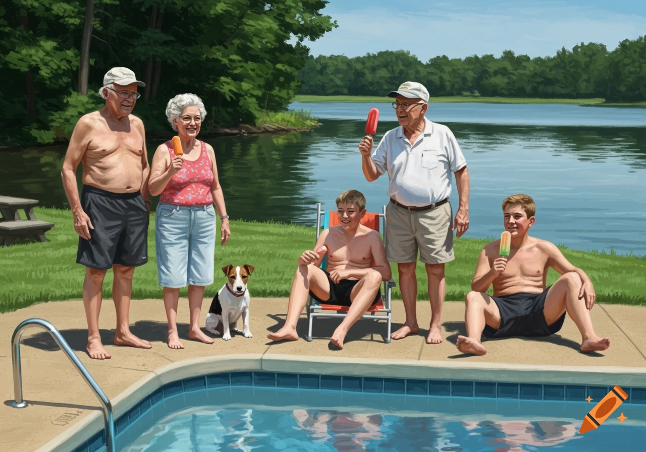 A family of six with a dog by a pool and lake on a sunny summer day, eating popsicles.