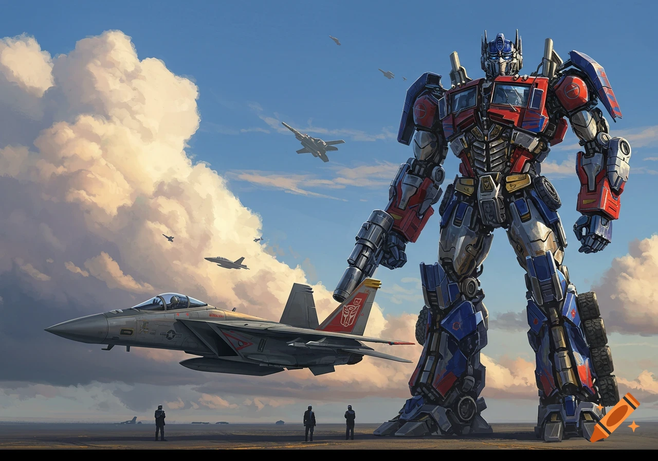 A large red and blue Transformer robot stands next to a grey war jet on a tarmac, with other jets flying in the sky under a bright blue sky with large clouds.