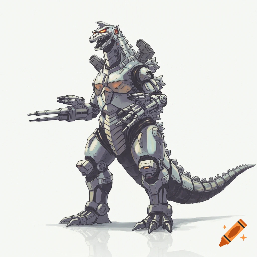 A full-body illustration of MechaGodzilla, a silver robotic monster, standing on a white background.