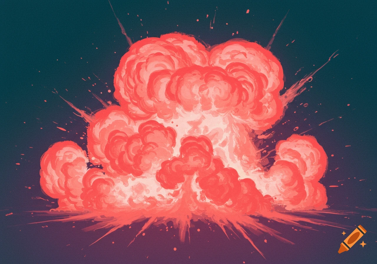A large, stylized salmon-colored explosion with billowing smoke and radiating debris against a dark background.