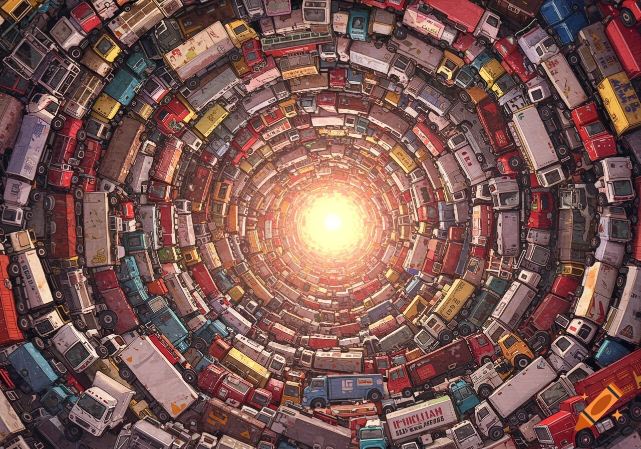 Countless colorful trucks are packed tightly in a spiraling vortex, leading to a bright light at the center, in an illustrative style.