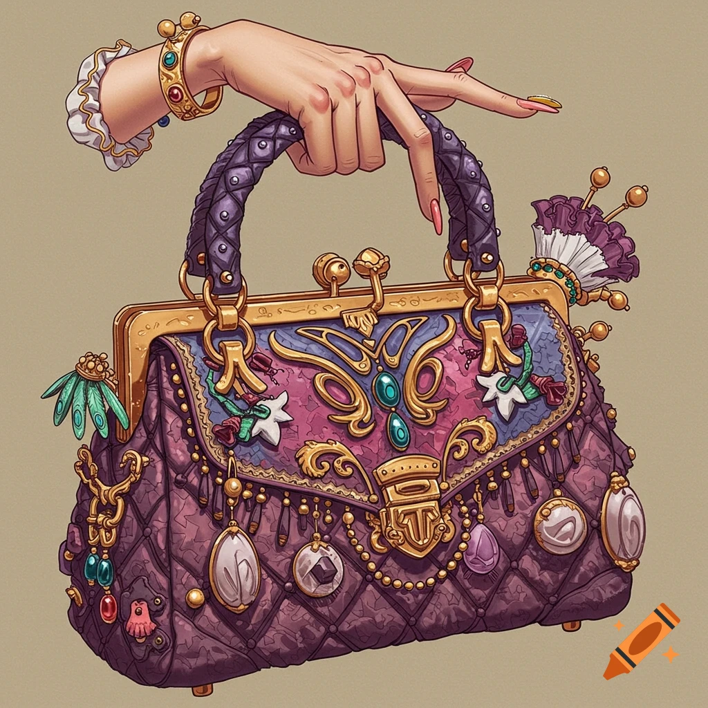 An opulent, quilted purple handbag with gold trim and jewels is held by a hand with an extra finger, set against a plain background in an illustrative style.