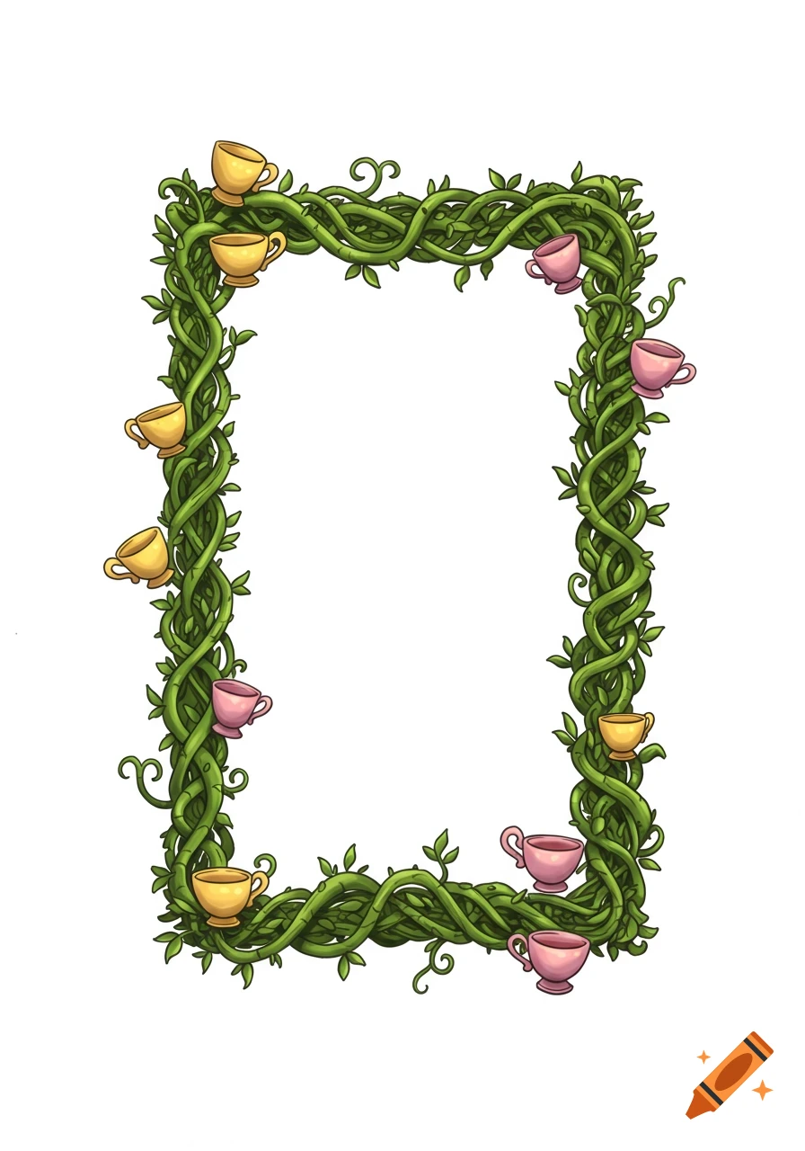 An illustrated playing card shaped portrait frame made of green vines with small yellow and pink teacups.