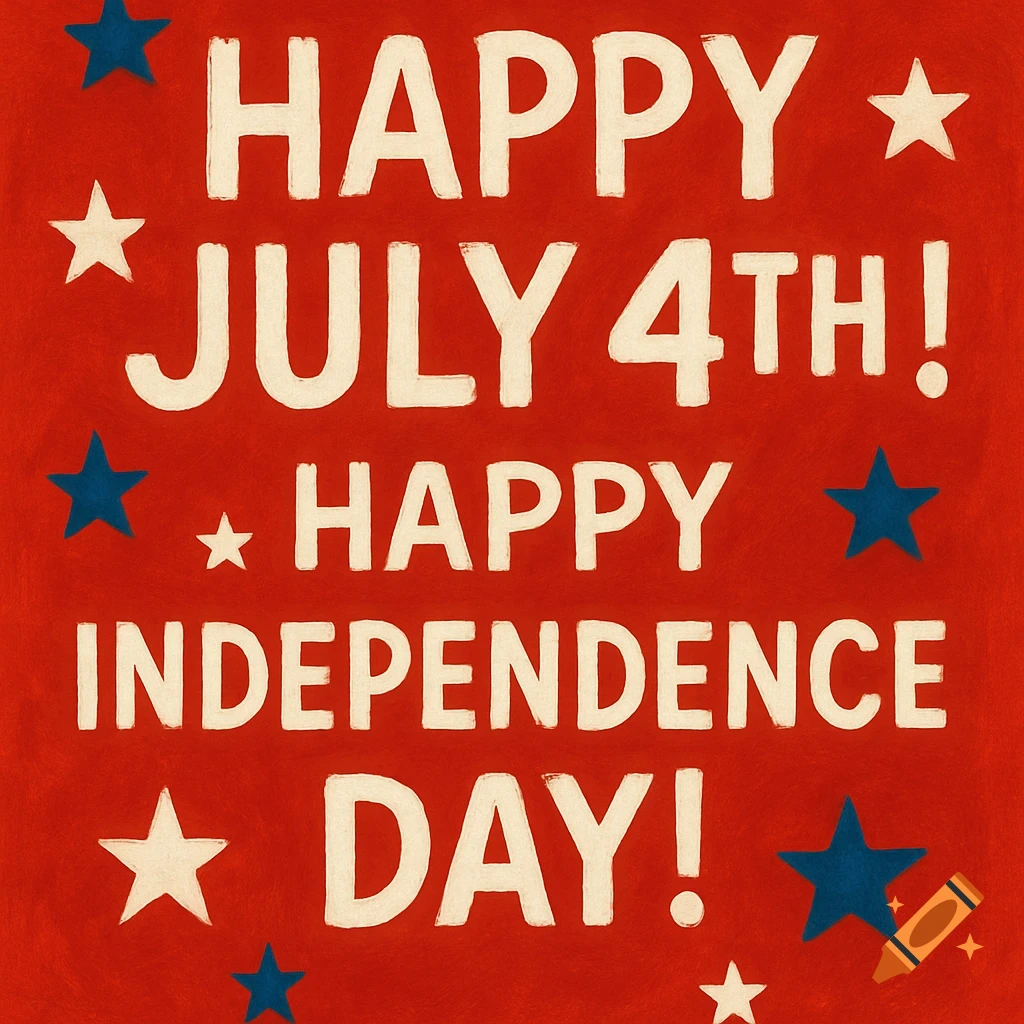 White text 'Happy July 4th! Happy Independence Day!' with white and blue stars on a red background.