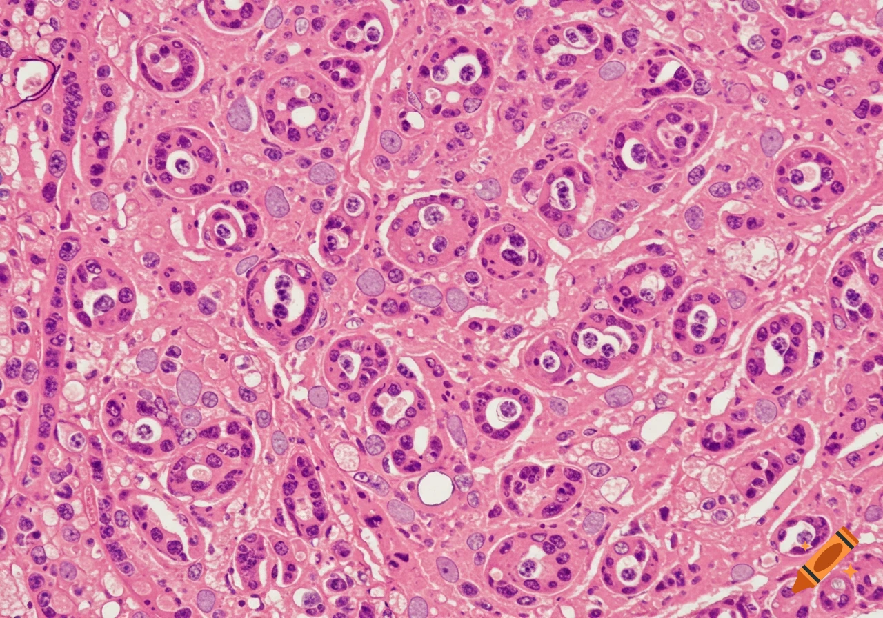 High-magnification histology slide of ovarian tissue, showing follicles and stromal cells.