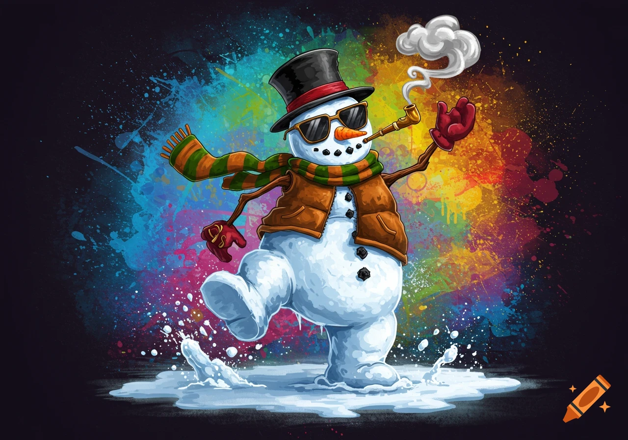 A cool, cartoon snowman wearing a hat, sunglasses, and a scarf, smoking a pipe while breakdancing on ice with colorful paint splatters in the background.