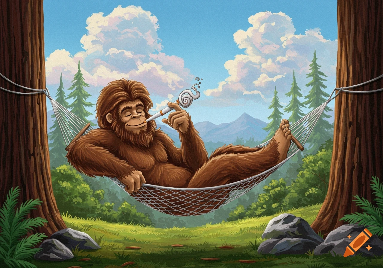 Cartoon Bigfoot relaxing in a hammock between two trees, smoking a cigarette in a forest setting.