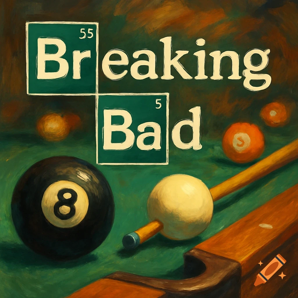 A painterly image featuring the Breaking Bad logo with Br and Ba elements, an 8-ball, cue ball, and cue stick on a green billiard table.