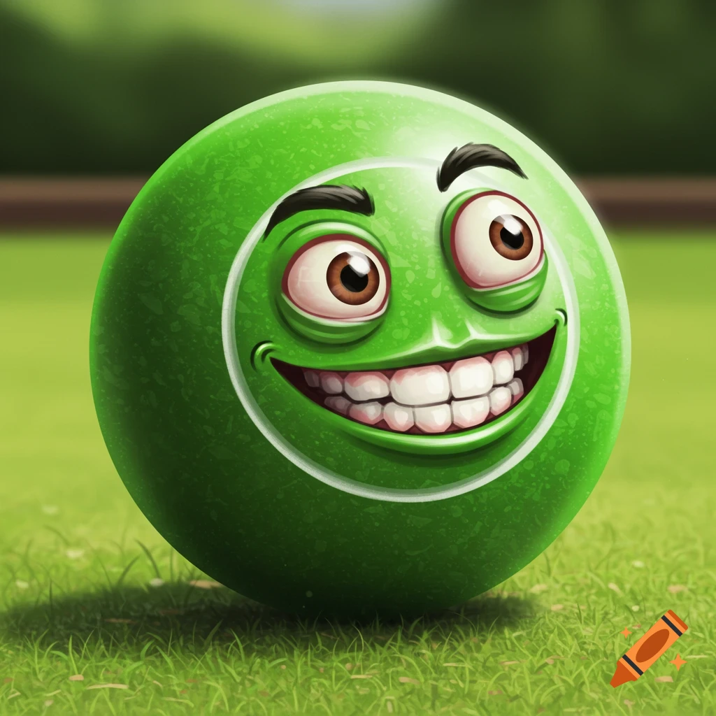 A green cartoon bowling ball with wide eyes and a big smile sitting on green grass.