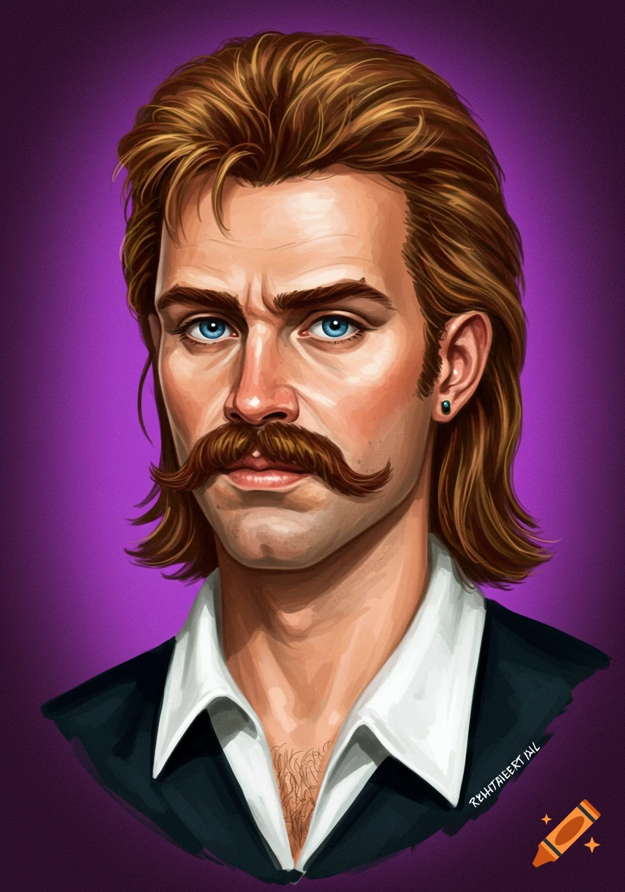 Digital painting of a man with a mullet and handlebar mustache, blue eyes, wearing a white shirt and black jacket.
