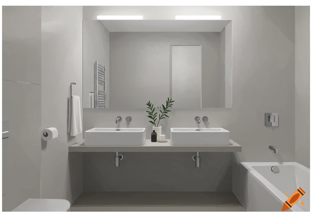 A minimalist bathroom with two sinks, a large mirror, and a bathtub in a clean illustration style.