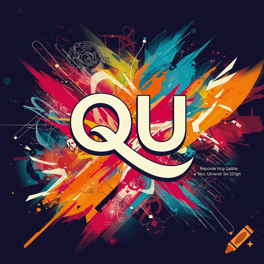 A vibrant abstract graphic design featuring large, stylized letters 'QU' in cream, surrounded by a dynamic explosion of colorful paint strokes and geometric lines on a dark background.