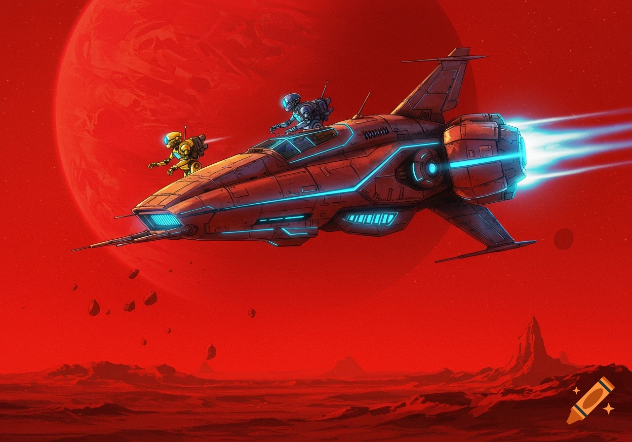 Two robots fly a futuristic spaceship above a red alien planet with a large red celestial body in the background.