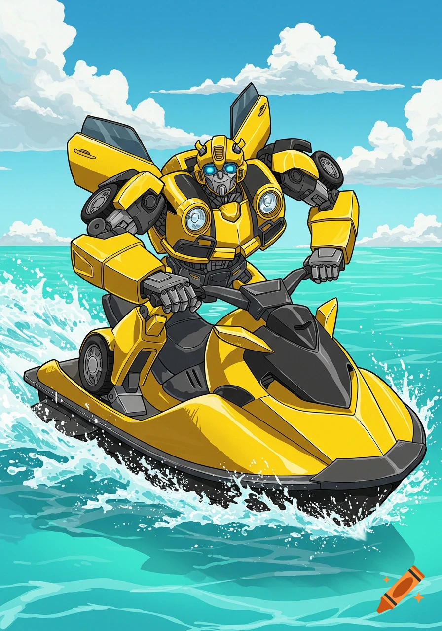 Cartoon style illustration of Bumblebee the Transformer riding a yellow jet ski on the ocean.